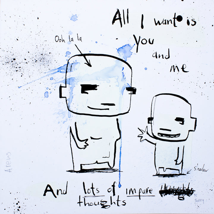 two doodled sketchy figure characters, one reaching out for the other with handwritten text, splattered blue ink on white background
