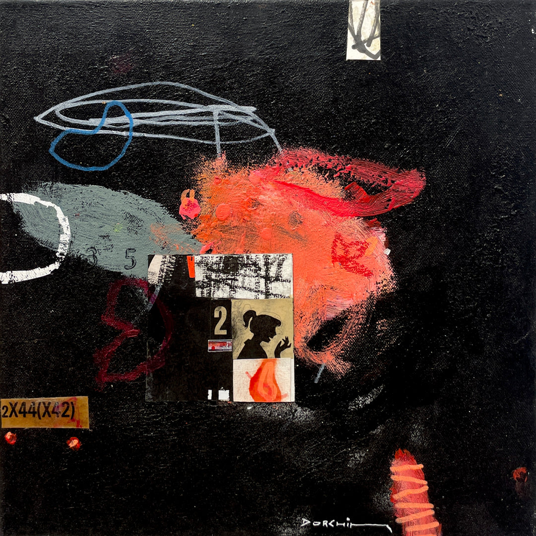 black background abstract expressionist collage doodle painting with pink and blue green grey details