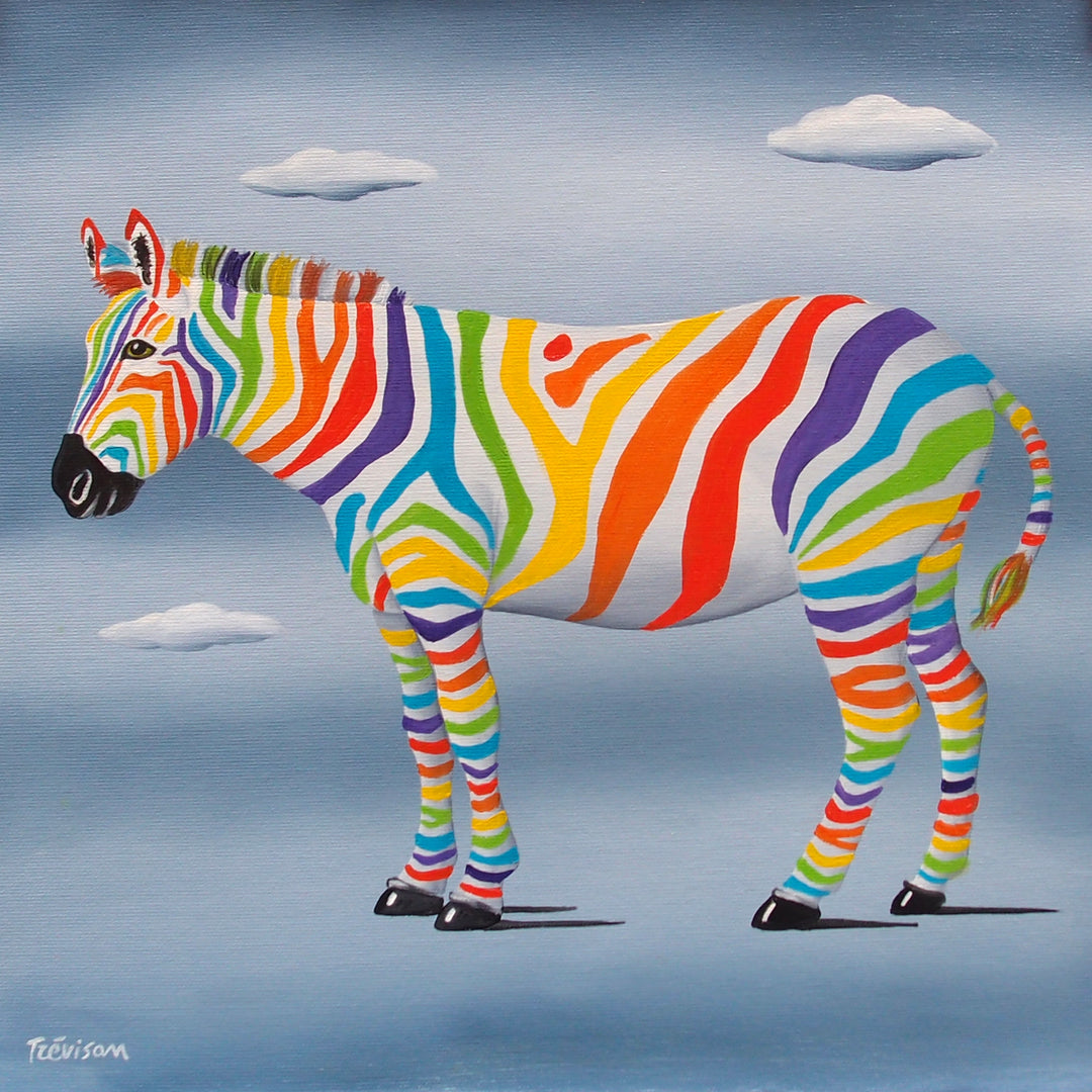 "Zebra Rainbow" by Italian artist Carlo Trevisan — a surrealist oil painting on canvas depicting a zebra whose classic black stripes are replaced by vivid rainbow colors including red, orange, yellow, green, blue, and purple, set against a soft cloudy blue sky. The joyful, bold composition celebrates diversity, color, and individuality. Original contemporary surrealist rainbow zebra pop art painting on canvas available at Morton Contemporary gallery.