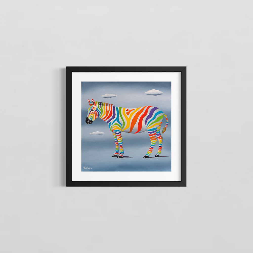 "Zebra Rainbow" by Italian artist Carlo Trevisan — a surrealist oil painting on canvas depicting a zebra whose classic black stripes are replaced by vivid rainbow colors including red, orange, yellow, green, blue, and purple, set against a soft cloudy blue sky. The joyful, bold composition celebrates diversity, color, and individuality. Original contemporary surrealist rainbow zebra pop art painting on canvas available at Morton Contemporary gallery.