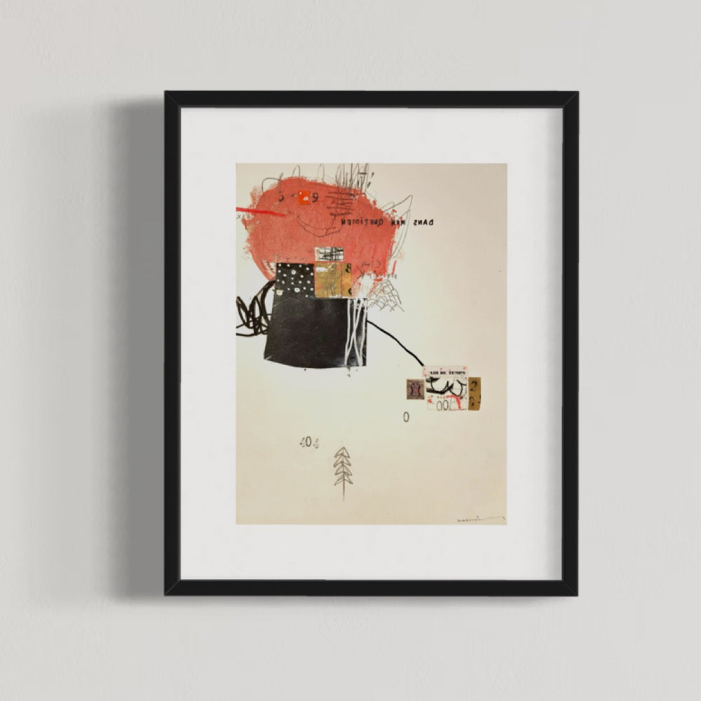 Abstract mixed media artwork on paper by Laurent Dorchin in black, terracotta and white. Organic linework and minimal illustrations with collage and text elements.