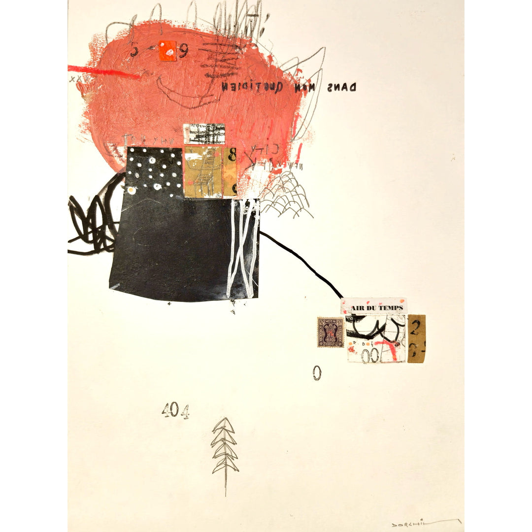 Abstract mixed media artwork on paper by Laurent Dorchin in black, terracotta and white. Organic linework and minimal illustrations with collage and text elements.