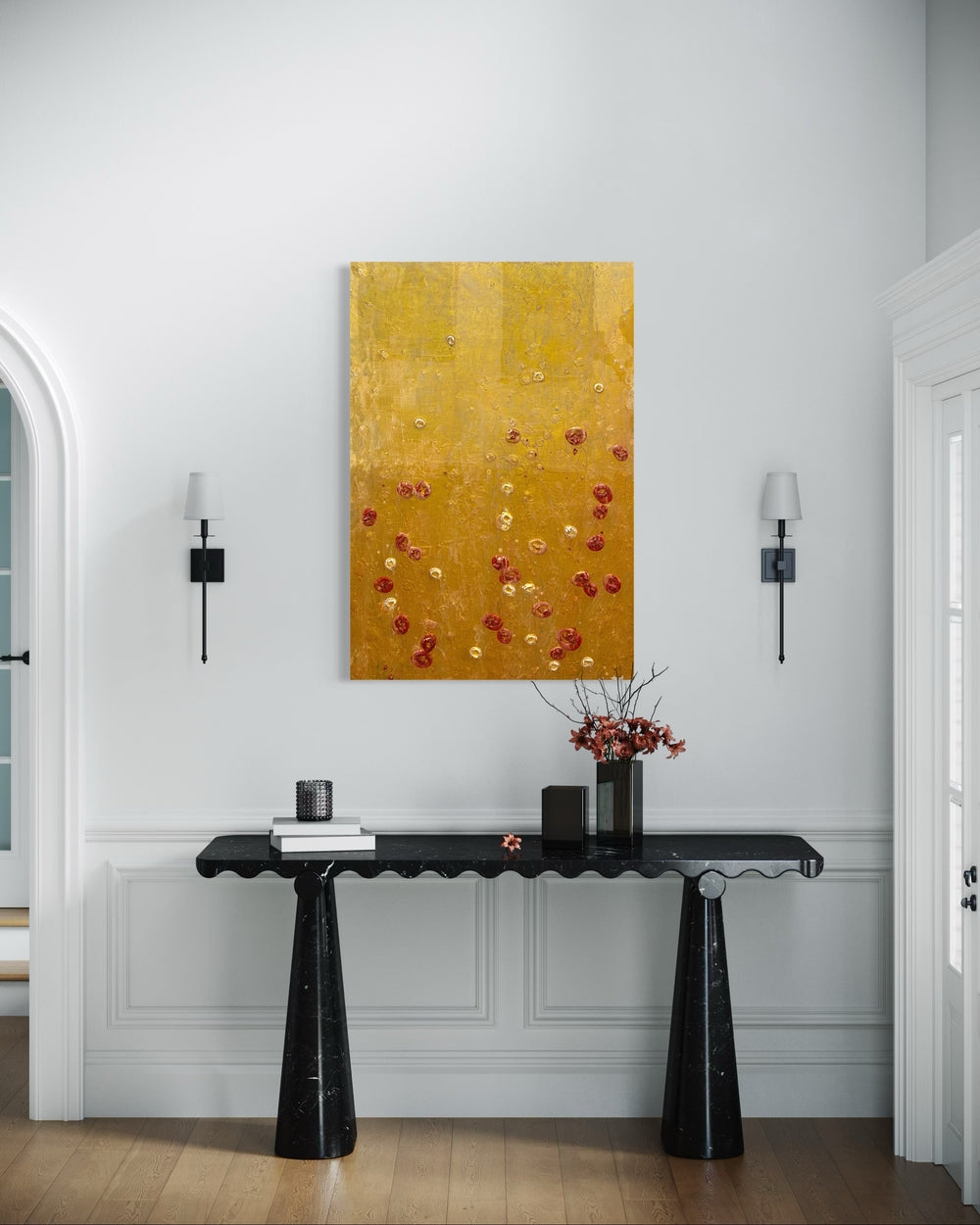 Golden shiny resin oil and acrylic panting textured 3 dimensional artwork with red and white organic spots by eric heitmann