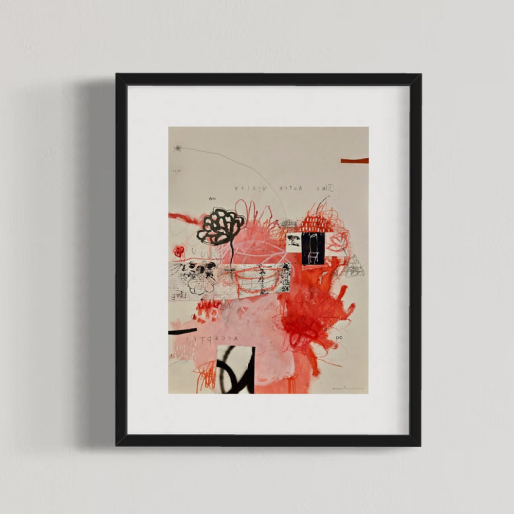 Abstract mixed media artwork on paper by Laurent Dorchin in black, pink, red and white. Organic linework and minimal illustrations of flowers with collage and text elements.