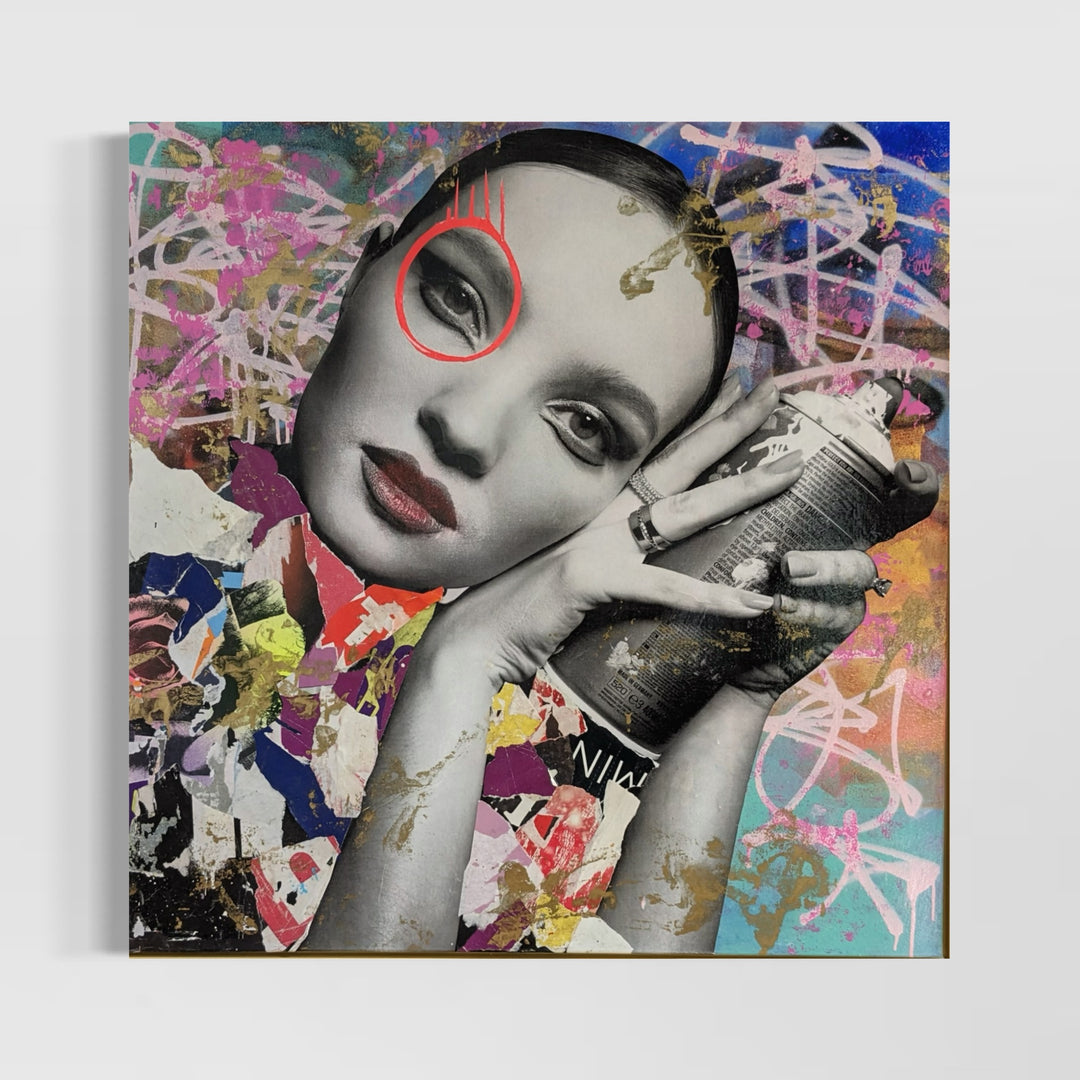36" x 36" Acrylic paint, spray paint, wheat-paste, vintage advertisements, printed fragments on canvas. Woman posed with a paint can surrounded by colorful graphics with DAIN&