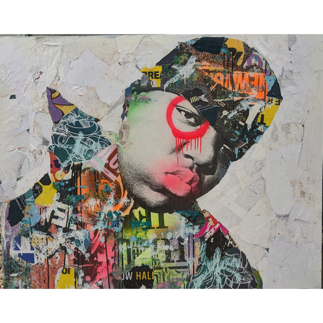 60"W x 48"H Acrylic paint, spray paint, wheat-paste, vintage advertisements, printed fragments on canvas. Biggie Smalls with graphics and DAIN's signature circle over his left eye. 
