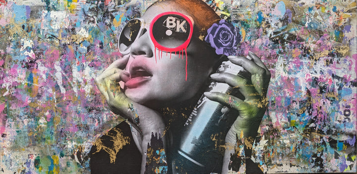 72"W x 36"H Acrylic paint, spray paint, wheat-paste, vintage advertisements, printed fragments on canvas. Posed woman with colorful graphics and DAIN&