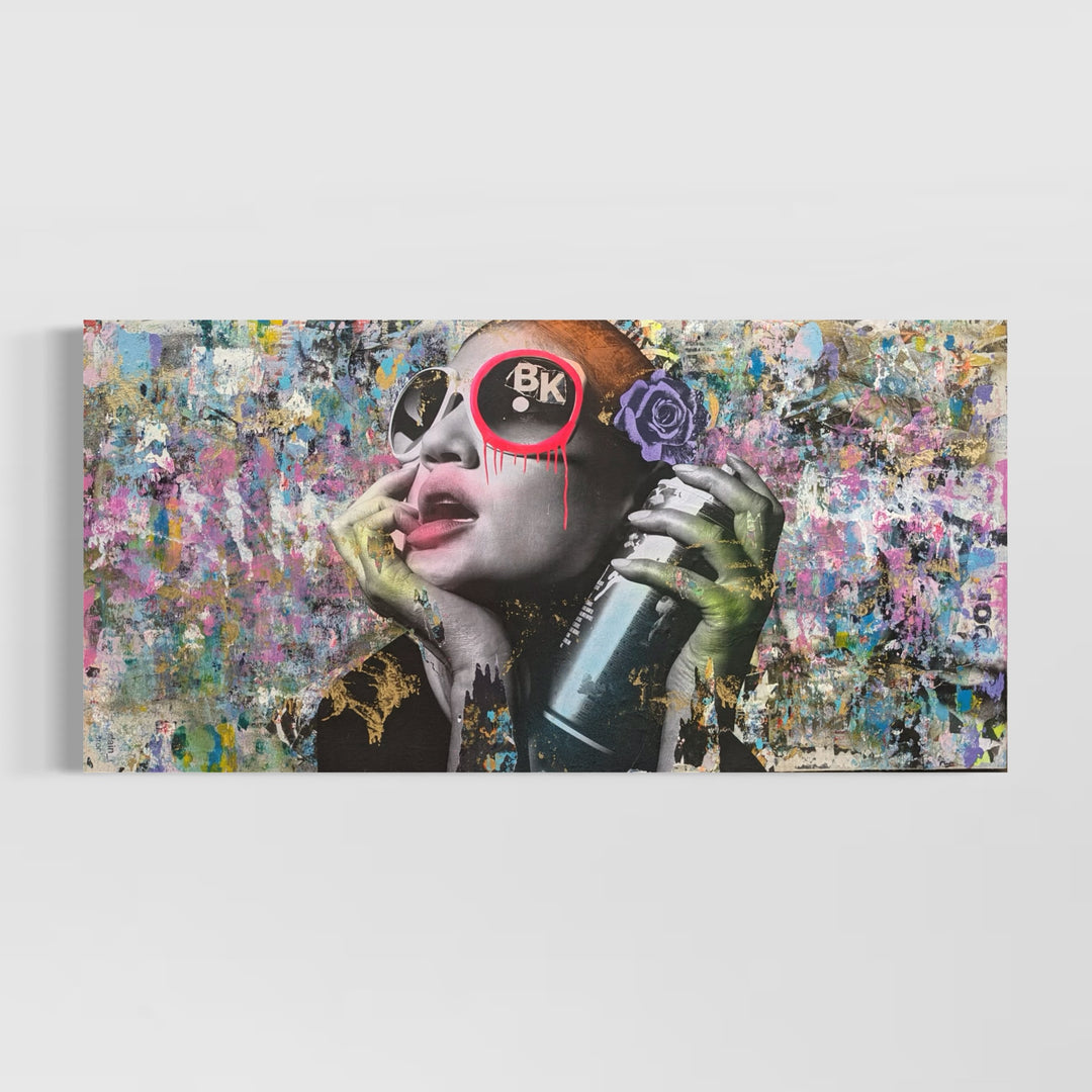 72"W x 36"H Acrylic paint, spray paint, wheat-paste, vintage advertisements, printed fragments on canvas. Posed woman with colorful graphics and DAIN&