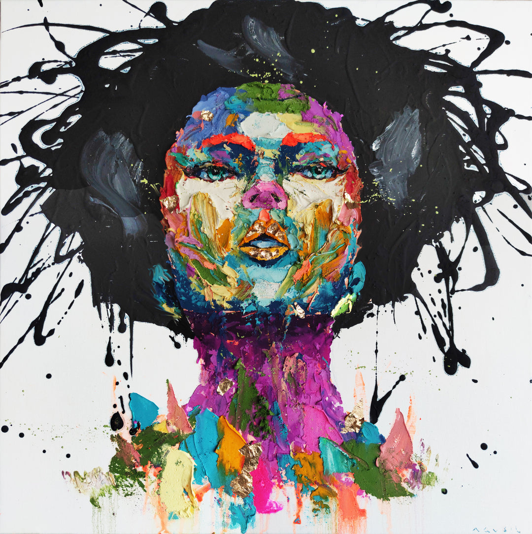 front on portrait of woman with black expressionist painted hair in black, thick layers of paint applied to canvas with brushes and knives, skin made up of purple, blue, green, yellow, and red abstract marks of impasto acrylic on white background 