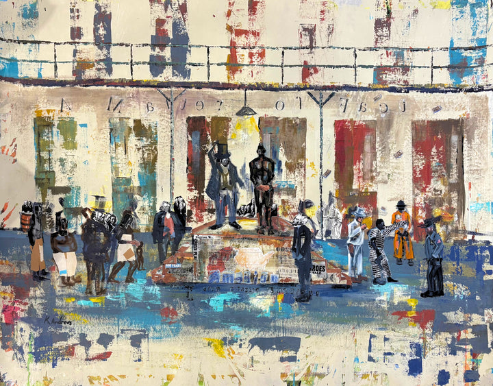 Keith Andrews, Block to Block, acrylic and collage on parachute cloth, 48 x 60 inches. Painted figures stand on a blue floor in front of a cream cell block with red, blue and green doors and an upper railing. At center, a man in a top hat and a dark standing figure stand on a raised platform covered in collaged newspaper text.