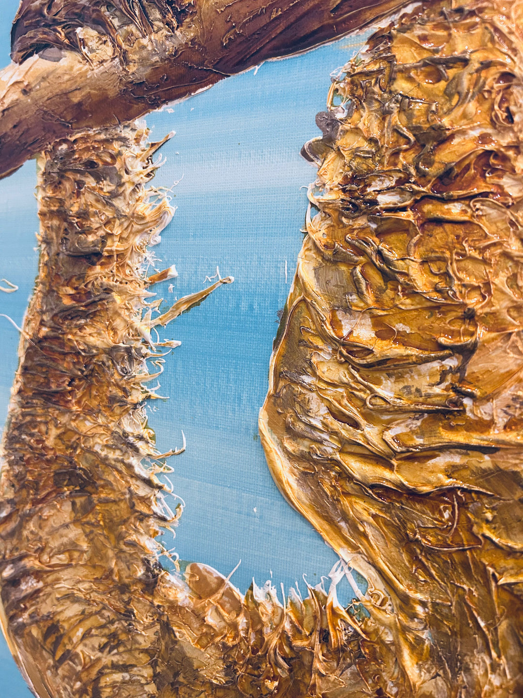 36" x 36" acrylic on canvas painting of a beige sloth hanging from a branch with a coca cola over a blue gradient background. 