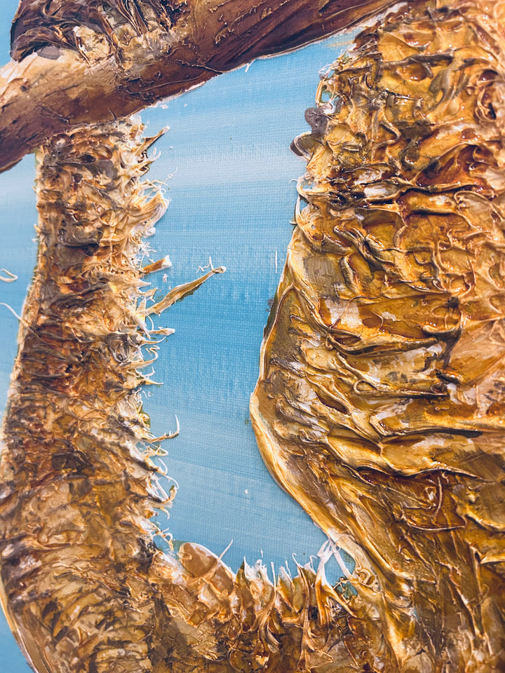 36" x 36" acrylic on canvas painting of a beige sloth hanging from a branch with a coca cola over a blue gradient background. 