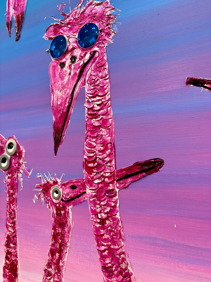48" x 48" acrylic on canvas painting of pink flamingos in hats and sunglasses over a blue-pink gradient background. 