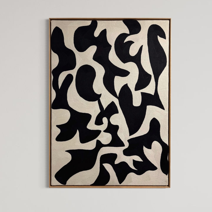 chain stitched textile embroidery abstract black and white negative space pattern shapes in wood frame