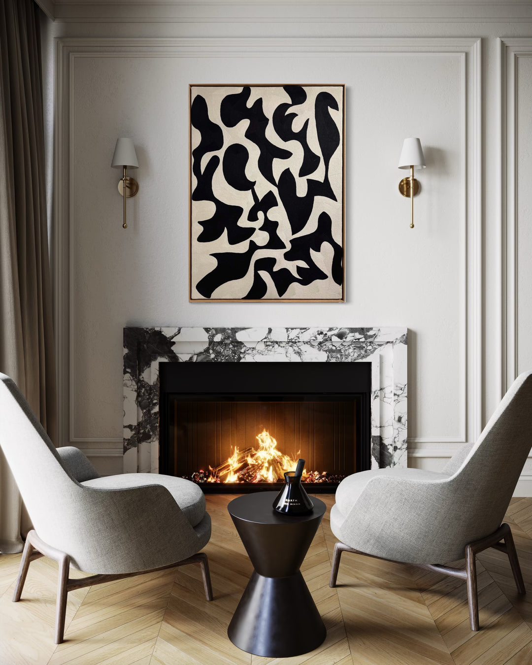 chain stitched textile embroidery abstract black and white negative space pattern shapes in wood frame