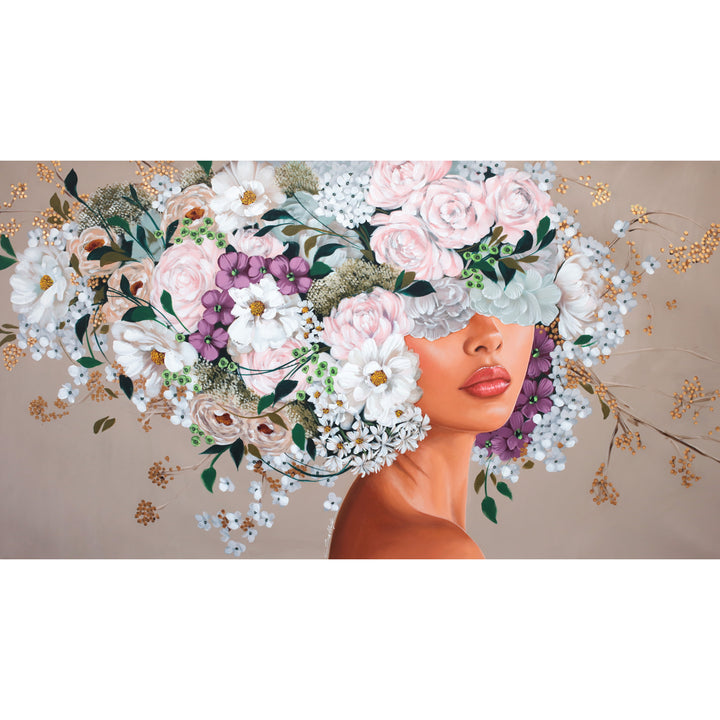 37"W x 50"H Acrylic portrait on canvas. Woman in profile with the top half of her face and hair covered by white, pink and purple flowers on a creme background. 