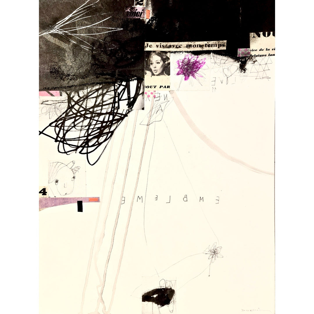 Abstract mixed media artwork on paper by Laurent Dorchin in black, purple and white. Organic linework and minimal illustrations with collage and text elements.