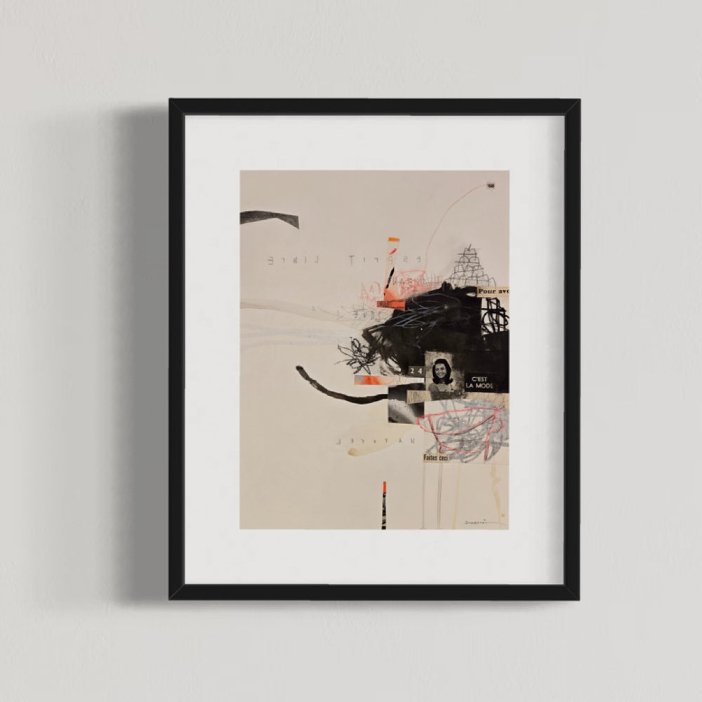 Abstract mixed media artwork on paper by Laurent Dorchin in black, pink and white. Organic linework and minimal illustrations with collage and text elements.