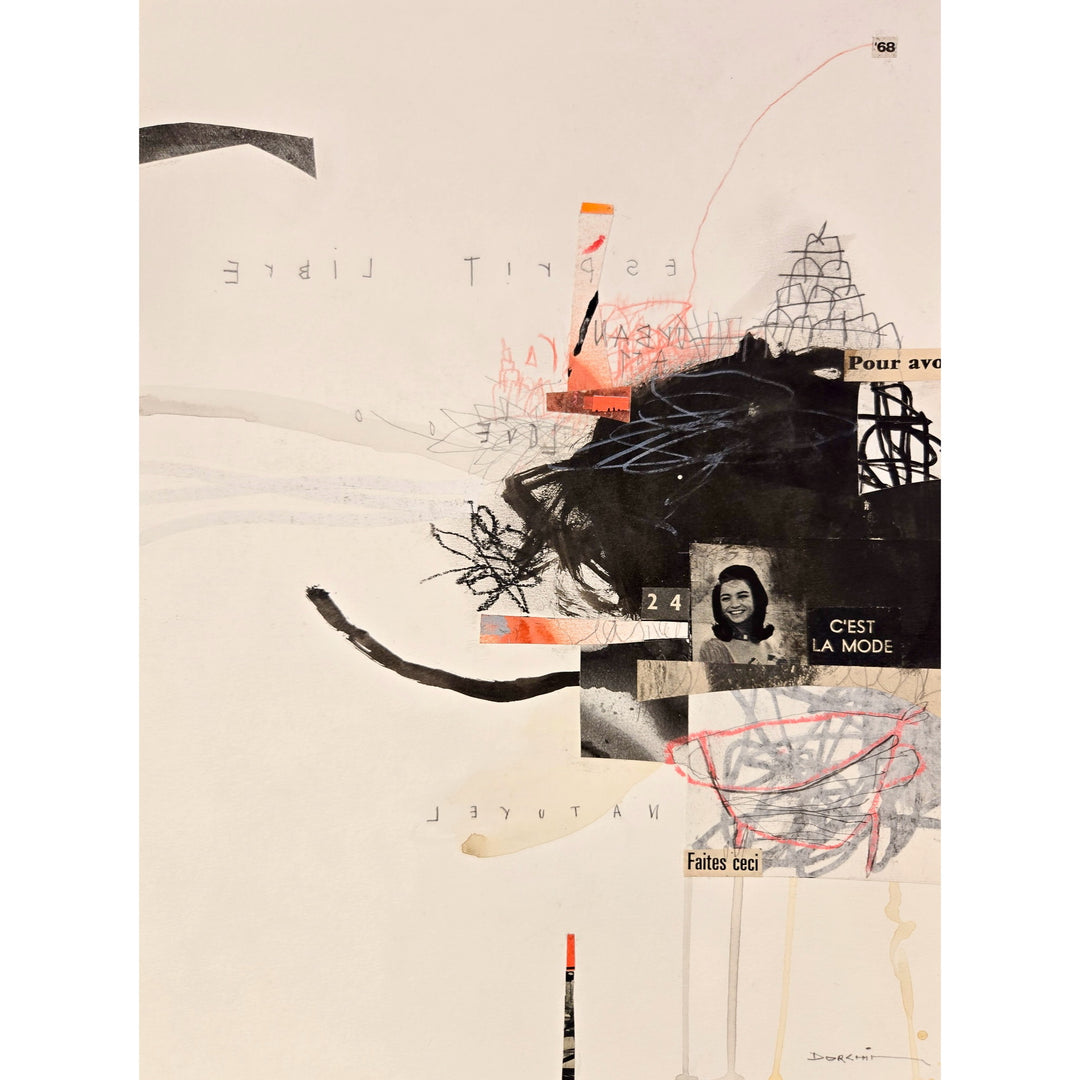 Abstract mixed media artwork on paper by Laurent Dorchin in black, pink and white. Organic linework and minimal illustrations with collage and text elements.