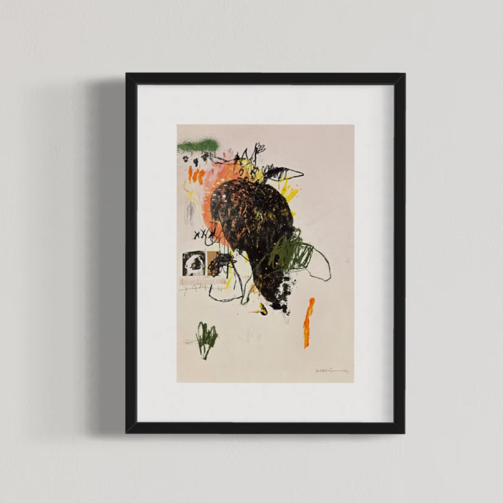 Abstract mixed media artwork on paper by Laurent Dorchin in black, pink, orange, green and white. Organic linework and minimal illustrations with collage and text elements.