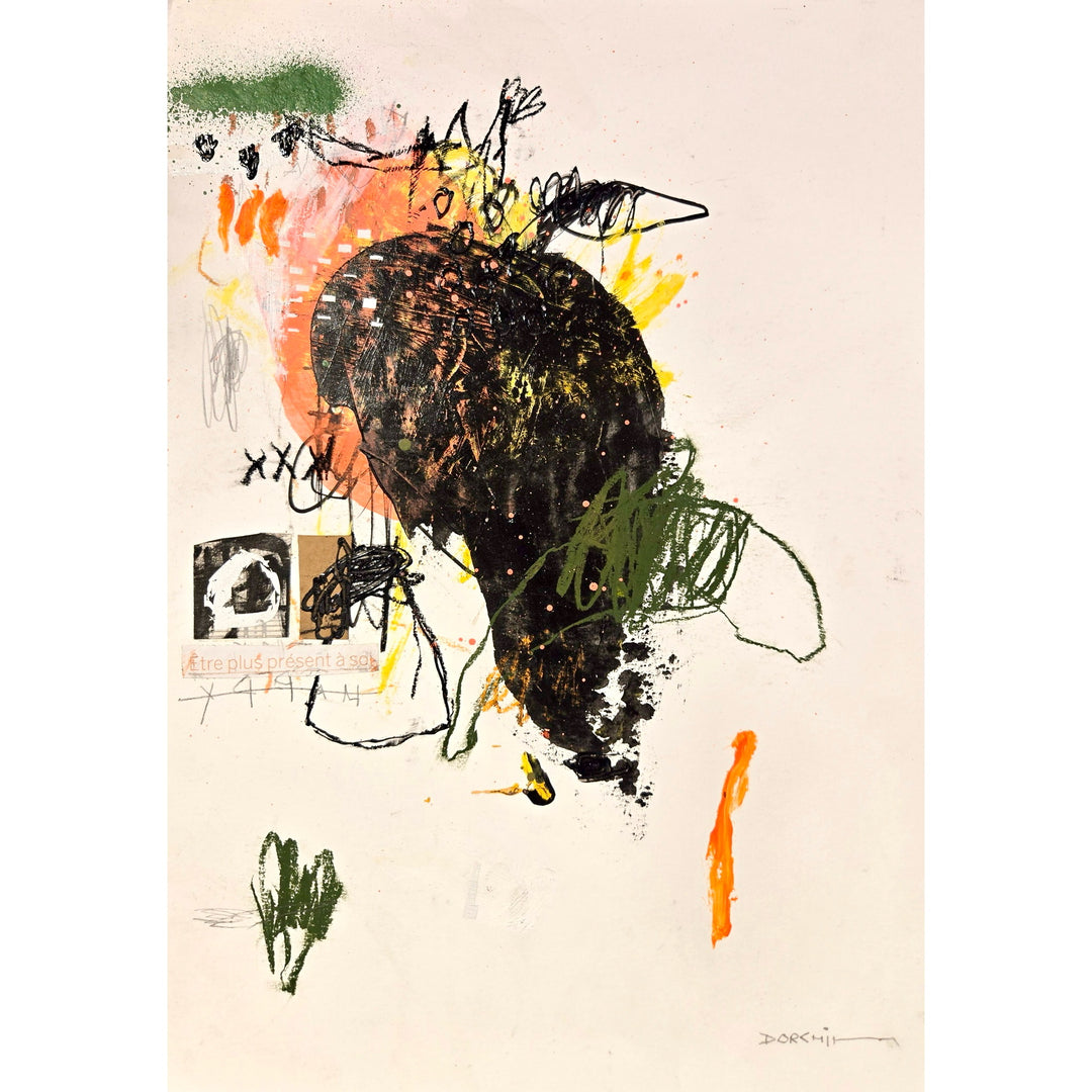 Abstract mixed media artwork on paper by Laurent Dorchin in black, pink, orange, green and white. Organic linework and minimal illustrations with collage and text elements.