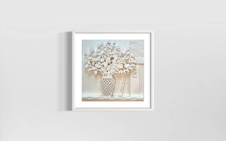 14"x14" layered white paper forming a vase with a eucalyptus over a wall.  