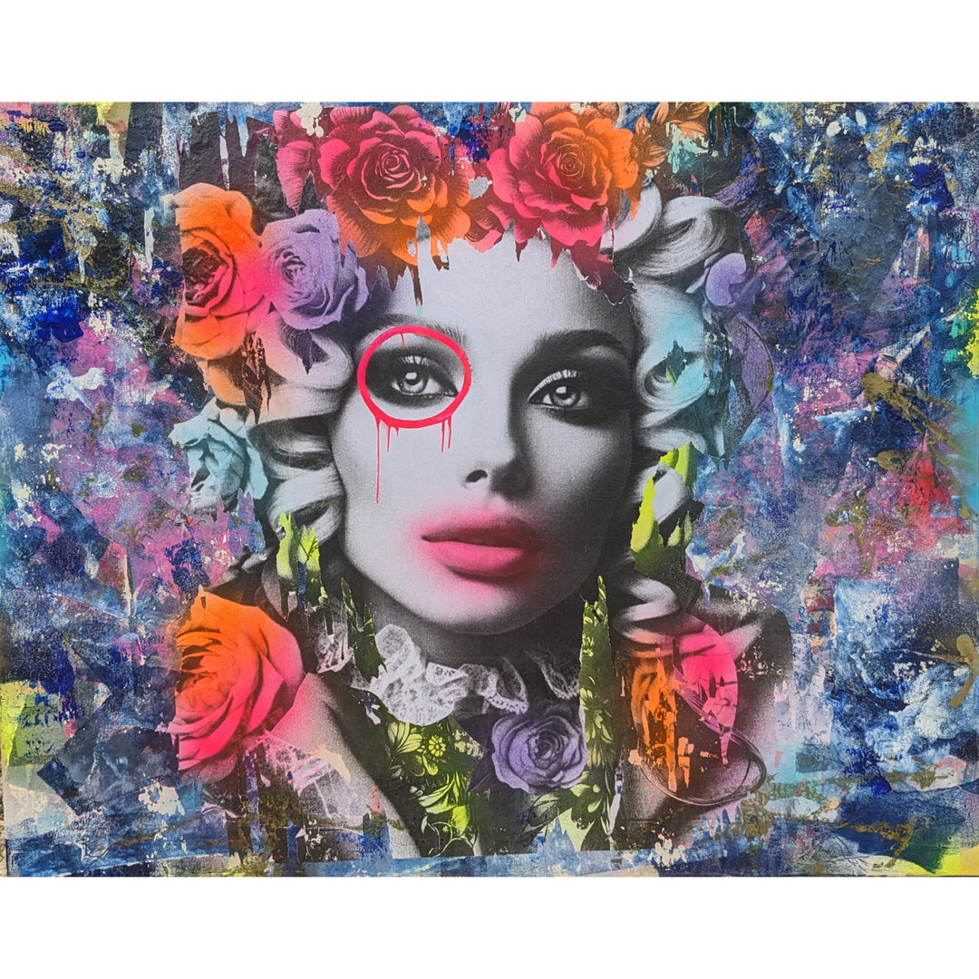 60"W x 48"H Acrylic paint, spray paint, wheat-paste, vintage advertisements, printed fragments on canvas. Woman's face framed by neon graphics with DAIN's signature circle over her left eye. 
