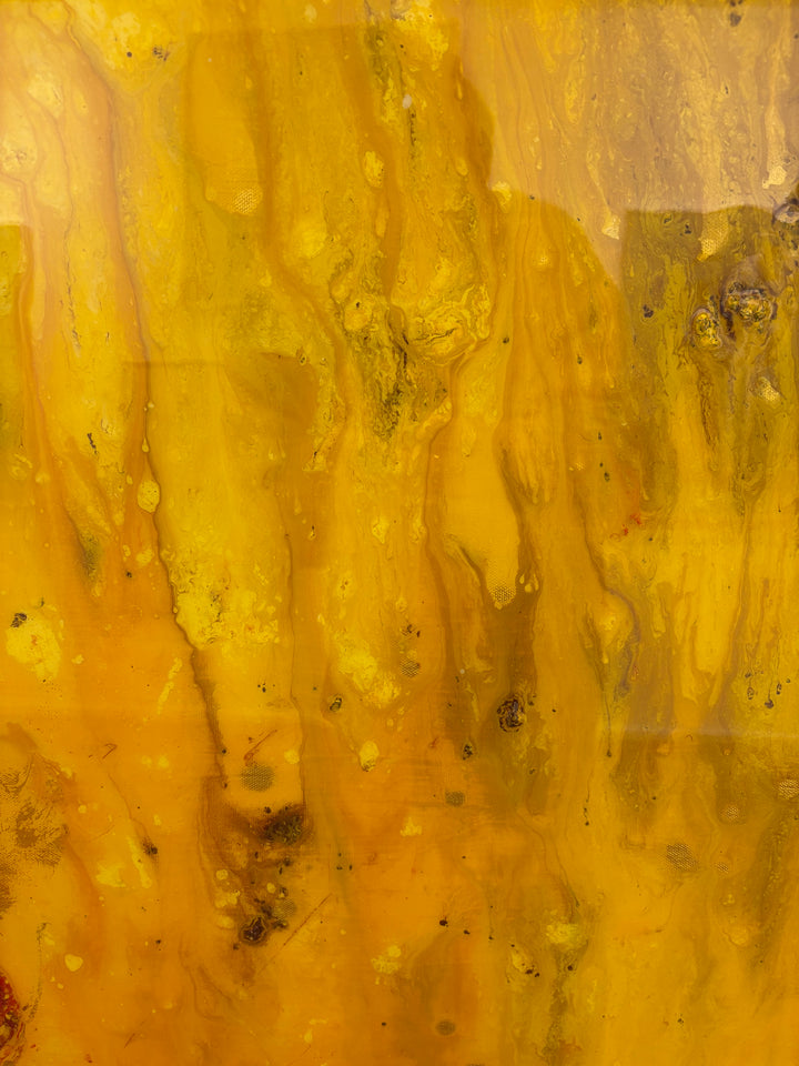 Golden red orange and yellow shiny resin oil and acrylic panting textured 3 dimensional artwork  organic spots layered  by eric heitmann