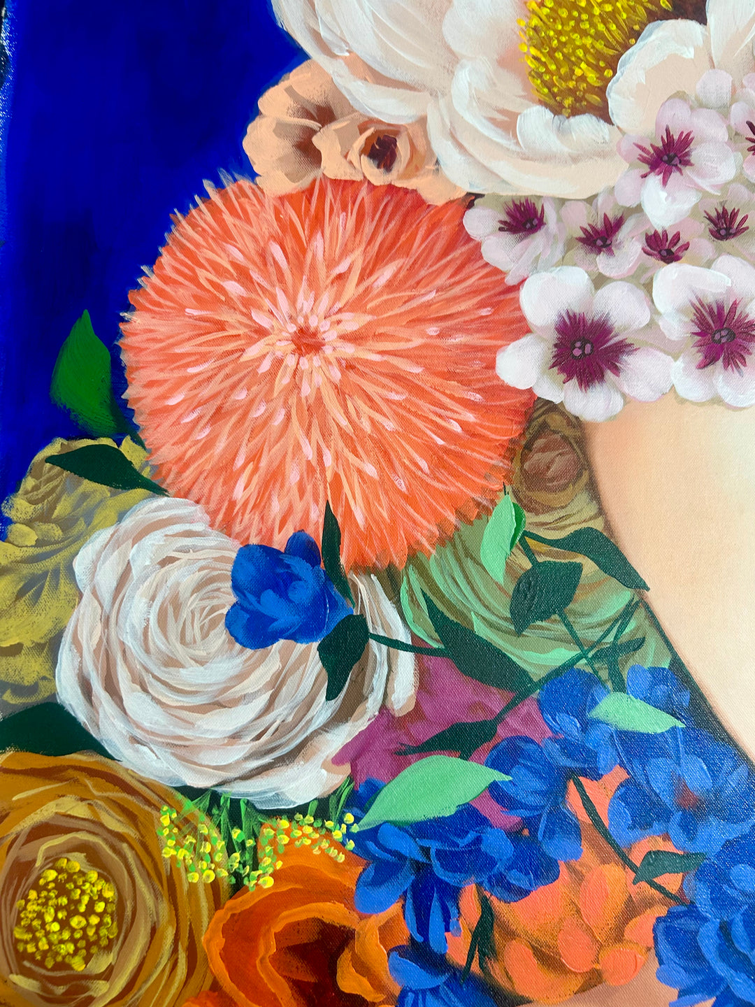 37"W x 50"H Acrylic portrait on canvas. Woman with the upper half of her face and hair covered with colorful flowers that extend into the foreground.