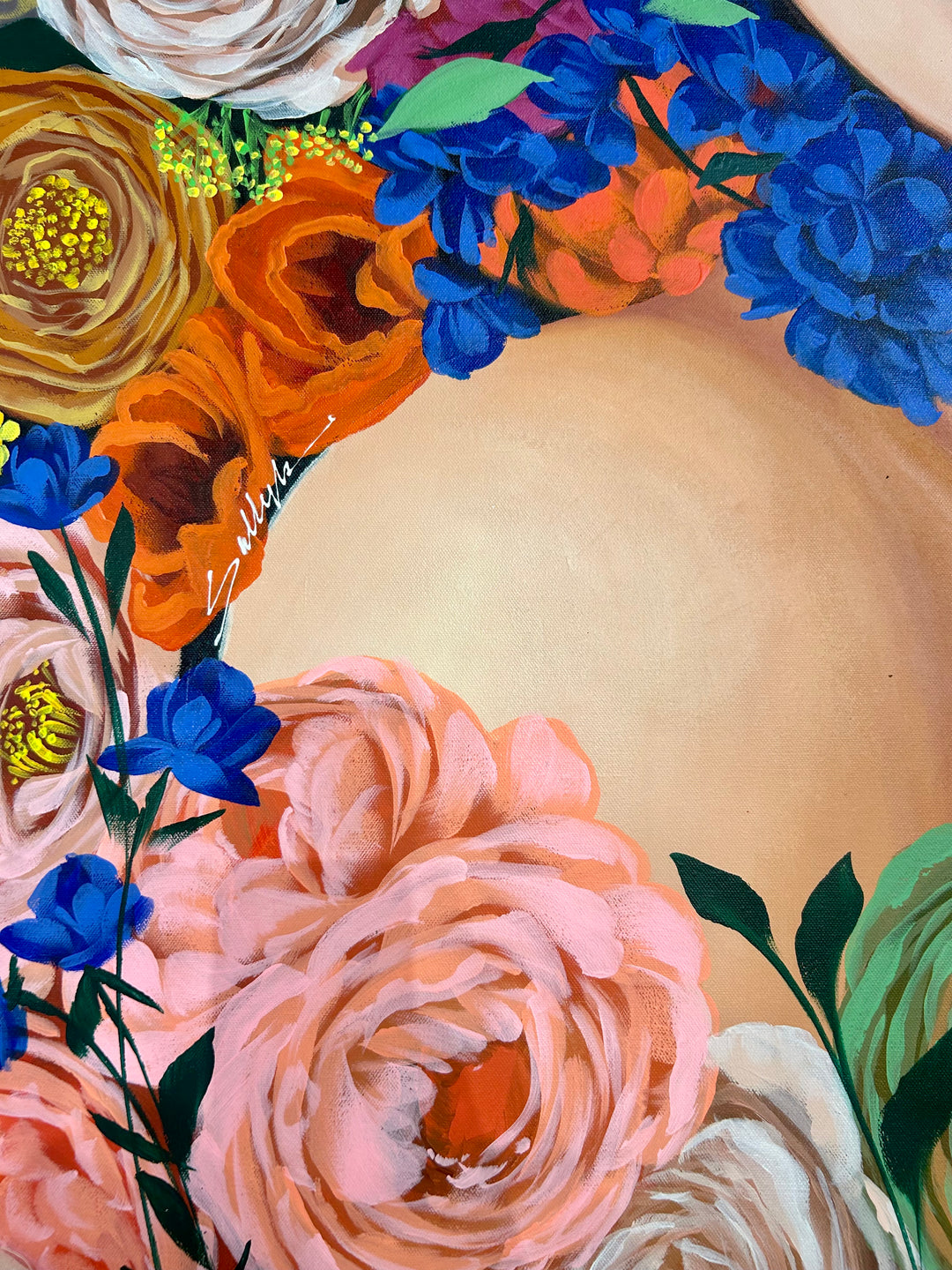37"W x 50"H Acrylic portrait on canvas. Woman with the upper half of her face and hair covered with colorful flowers that extend into the foreground.