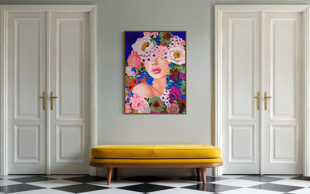 37"W x 50"H Acrylic portrait on canvas. Woman with the upper half of her face and hair covered with colorful flowers that extend into the foreground.