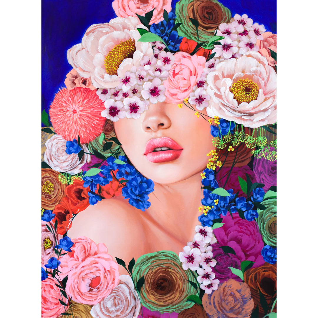 37"W x 50"H Acrylic portrait on canvas. Woman with the upper half of her face and hair covered with colorful flowers that extend into the foreground.
