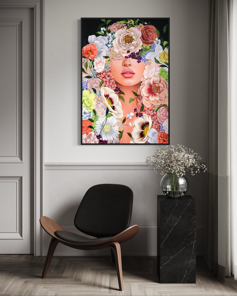 37"W x 50"H Acrylic portrait on canvas. Woman with the upper half of her face covered by colorful flowers that extend to the foreground. 