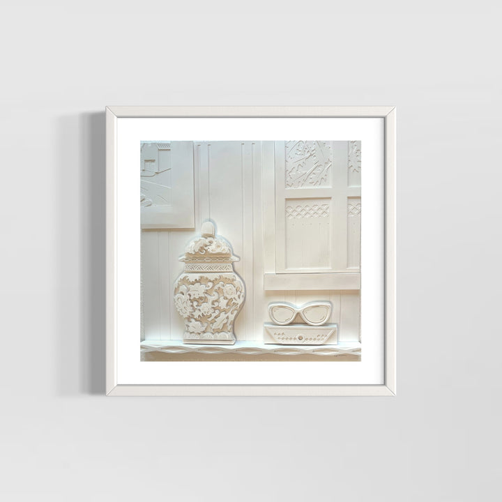 14 x 14 cut paper collage ginger cookie jar and glass in white paper layered artwork