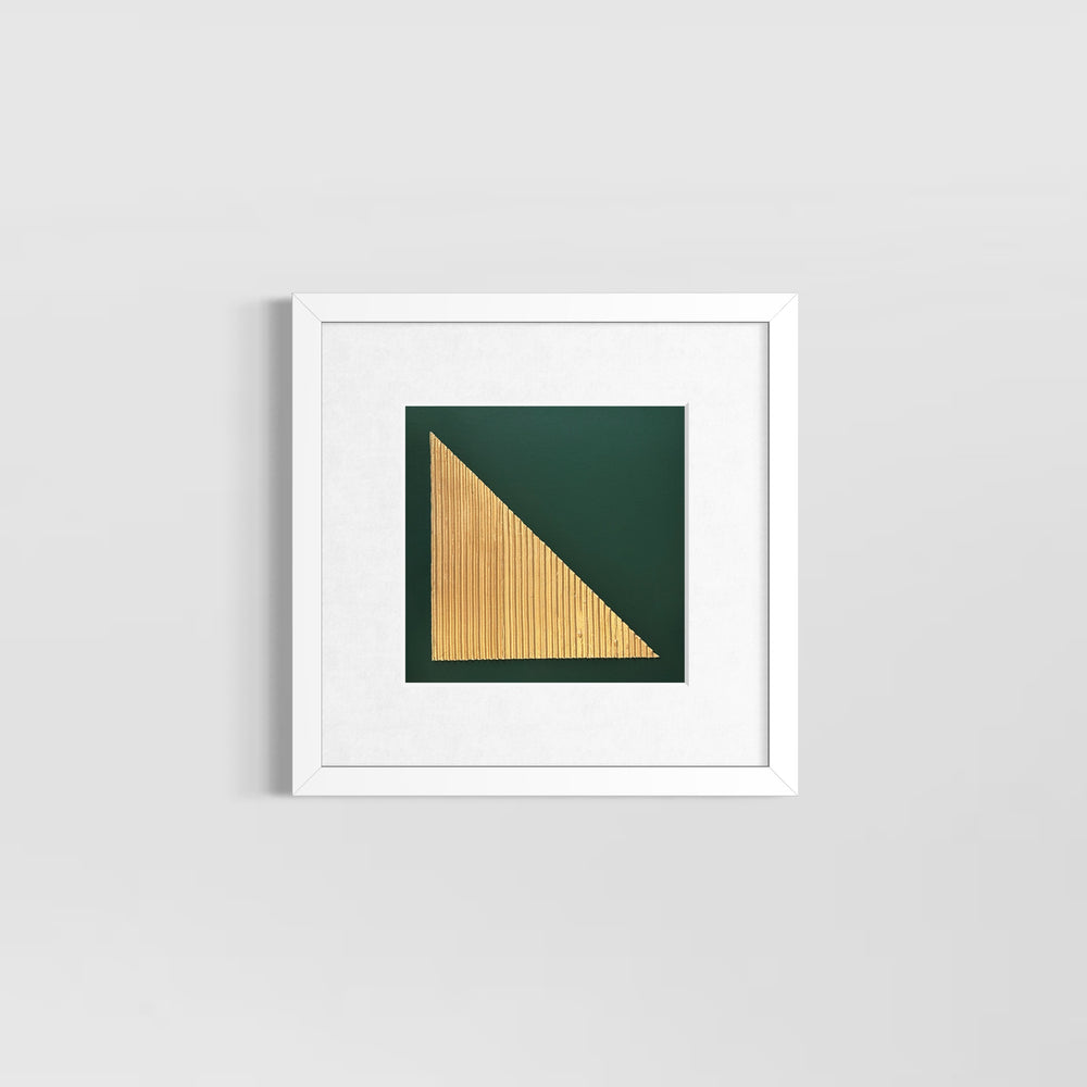 dark hunter green matte background with golden triangle textured with sculpted lines of joint compound in liquid gold leaf minimal geometric abstract