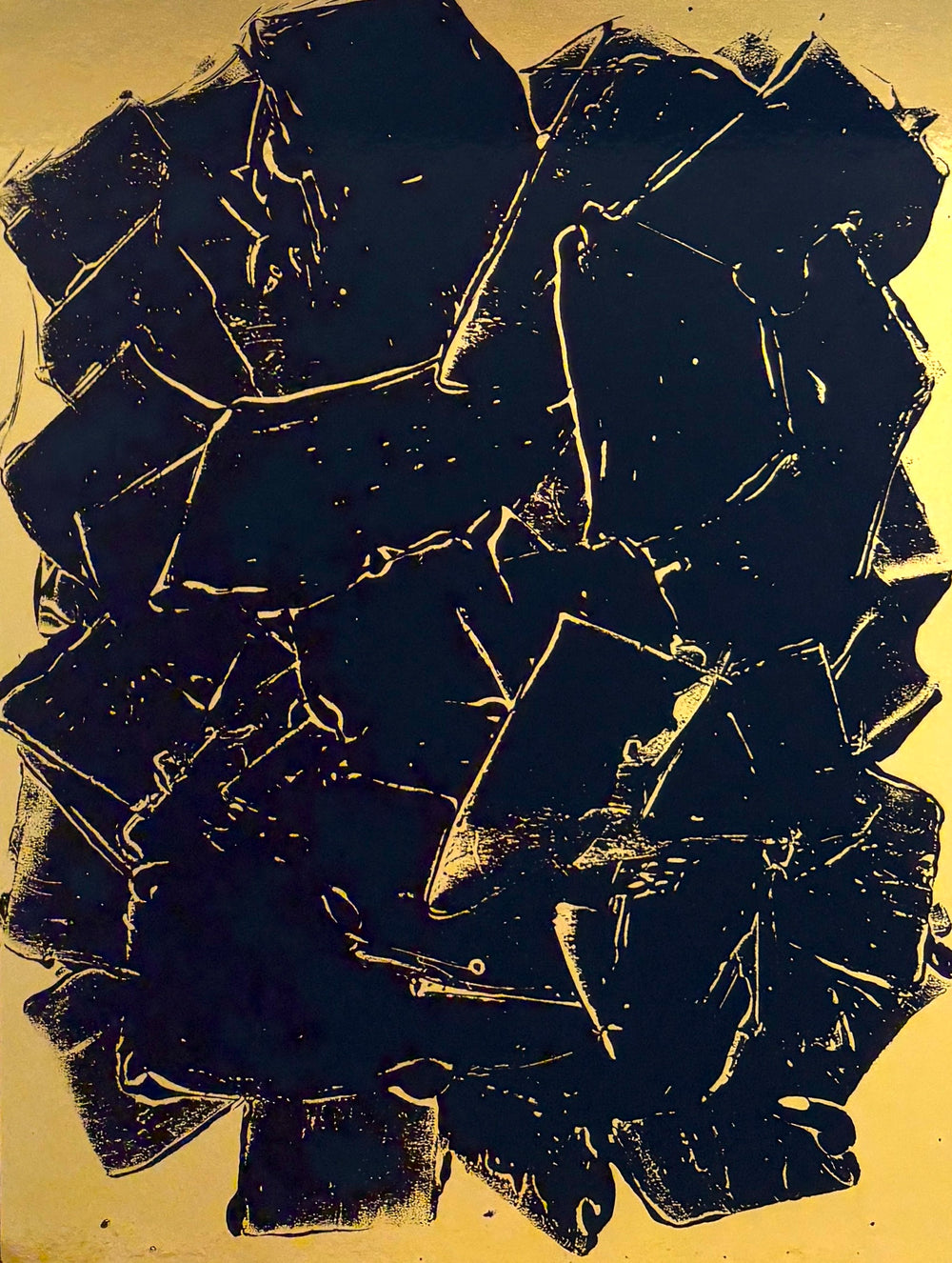 expressionistic swatches in many directions of black paint on shiny gold foil smooth surface by artist m clark