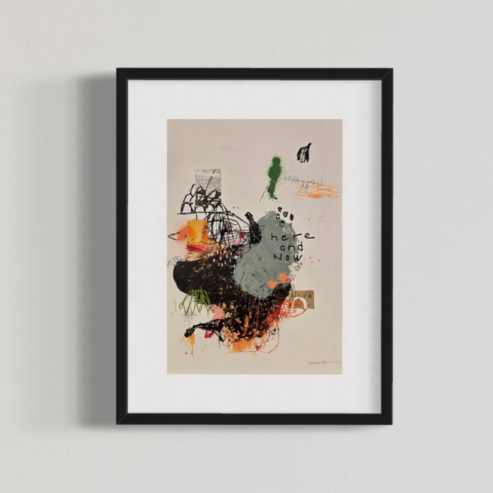 Abstract mixed media artwork on paper by Laurent Dorchin in black, pink, orange, green and white. Organic linework and minimal illustrations with collage and text elements.