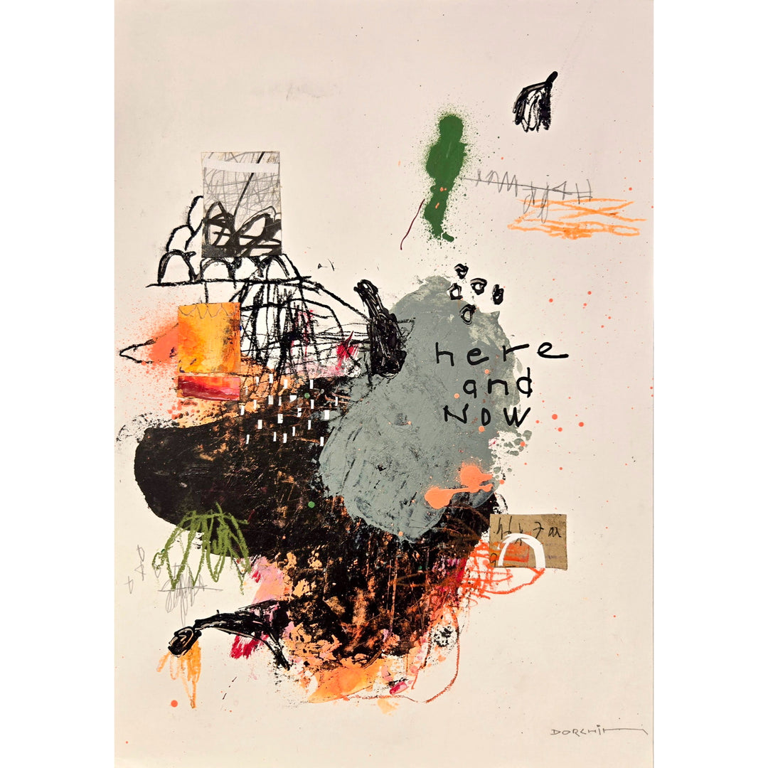 Abstract mixed media artwork on paper by Laurent Dorchin in black, pink, orange, green and white. Organic linework and minimal illustrations with collage and text elements.