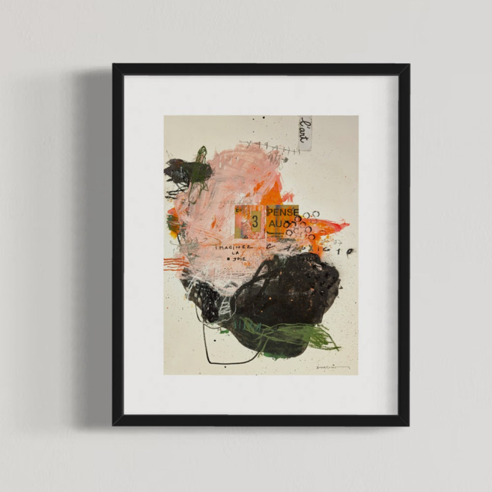 Abstract mixed media artwork on paper by Laurent Dorchin in black, pink, orange, green and white. Organic linework and minimal illustrations with collage and text elements.