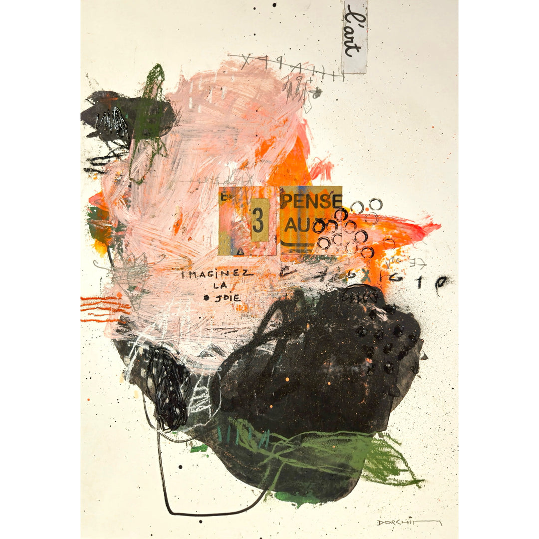 Abstract mixed media artwork on paper by Laurent Dorchin in black, pink, orange, green and white. Organic linework and minimal illustrations with collage and text elements.