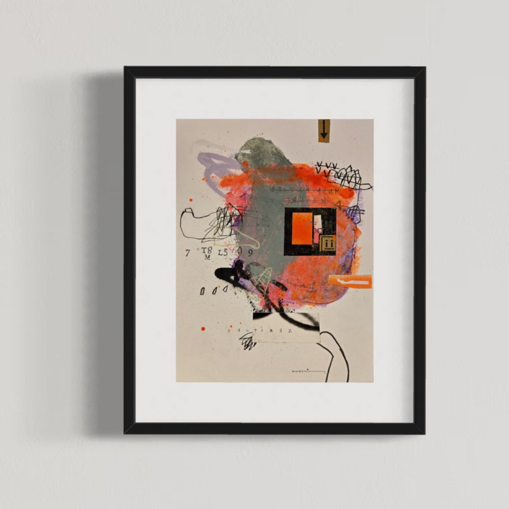 Abstract mixed media artwork on paper by Laurent Dorchin in black, pink, purple, orange, green and white. Organic linework and minimal illustrations with collage and text elements.