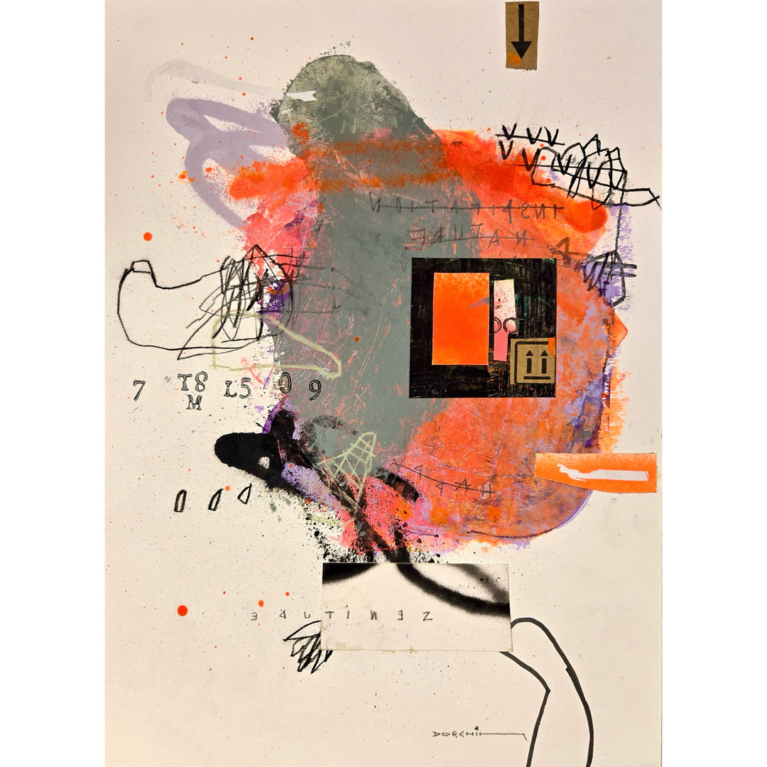 Abstract mixed media artwork on paper by Laurent Dorchin in black, pink, purple, orange, green and white. Organic linework and minimal illustrations with collage and text elements.