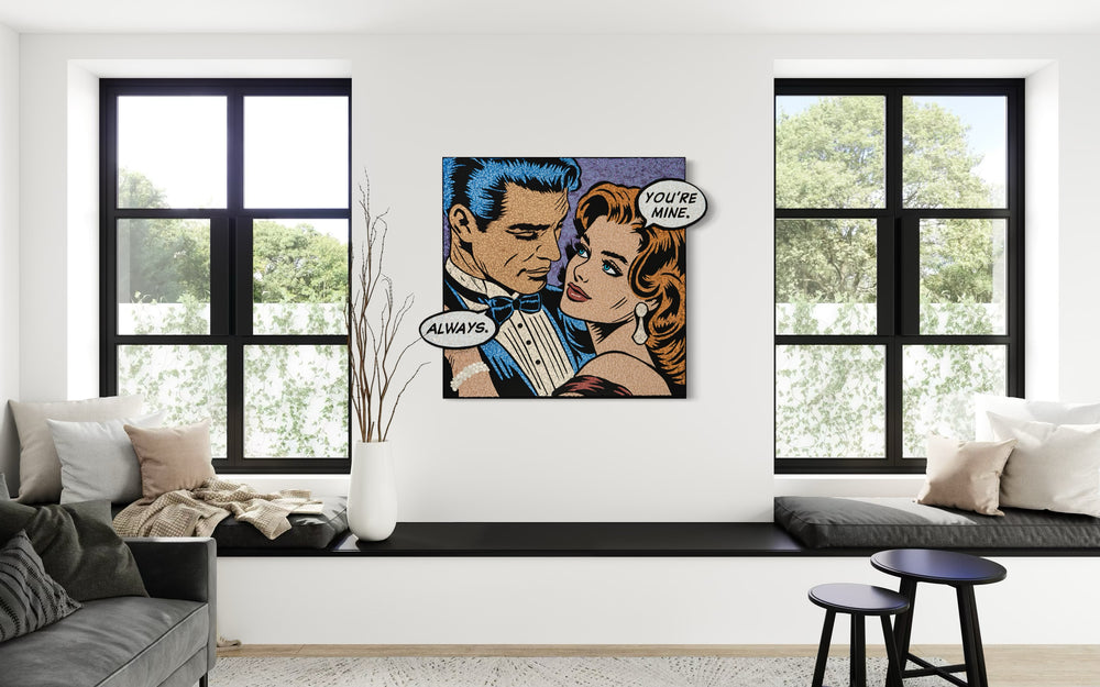 Glass mosaic artwork by Sarah Fishbein of a man in blue tones and a woman in red tones/ The woman says "you're mine" and the man says "always" in speech bubbles, in lichtenstein comic art style.