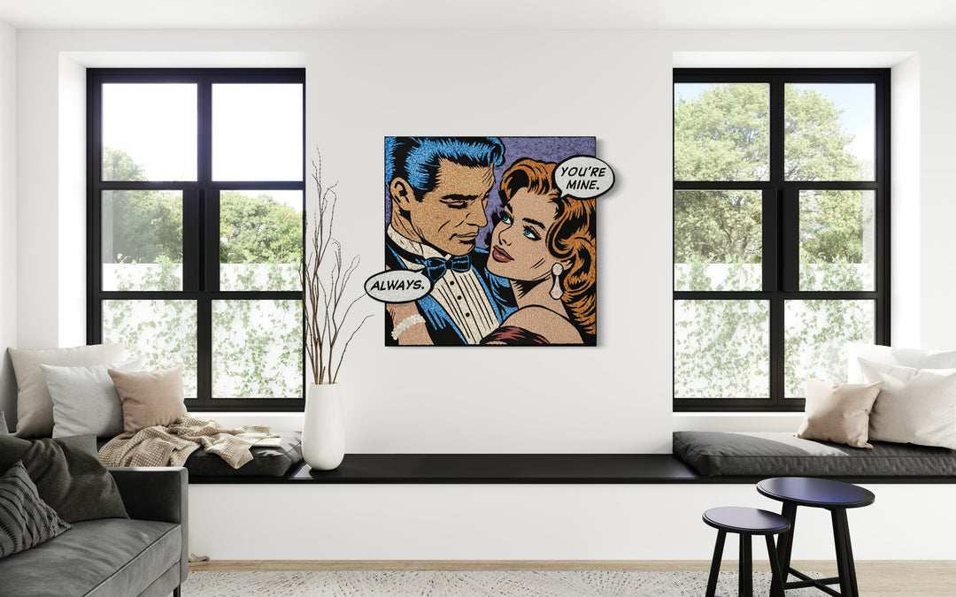 Glass mosaic artwork by Sarah Fishbein of a man in blue tones and a woman in red tones/ The woman says "you&