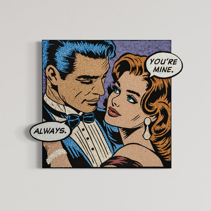 Glass mosaic artwork by Sarah Fishbein of a man in blue tones and a woman in red tones/ The woman says "you&
