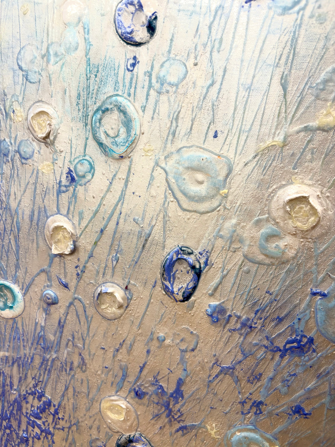 Abstract landscape in cold blue ice white colors organic blob spots of 3 dimensional paint resin  textured  layered  by eric heitmann
