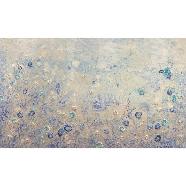 Abstract landscape in cold blue ice white colors organic blob spots of 3 dimensional paint resin  textured  layered  by eric heitmann
