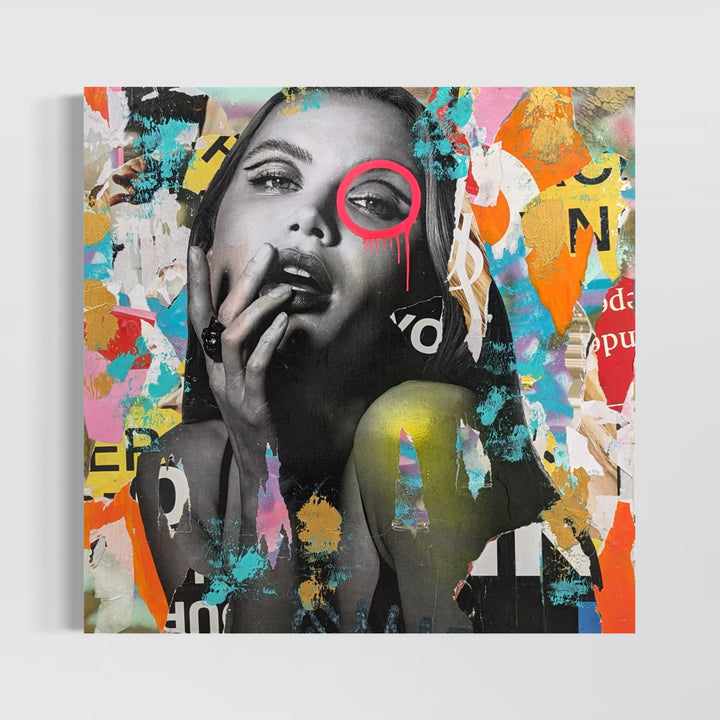 36" x 36" Acrylic paint, spray paint, wheat-paste, vintage advertisements, printed fragments on canvas. A woman surrounded by colorful paper fragments with DAIN&