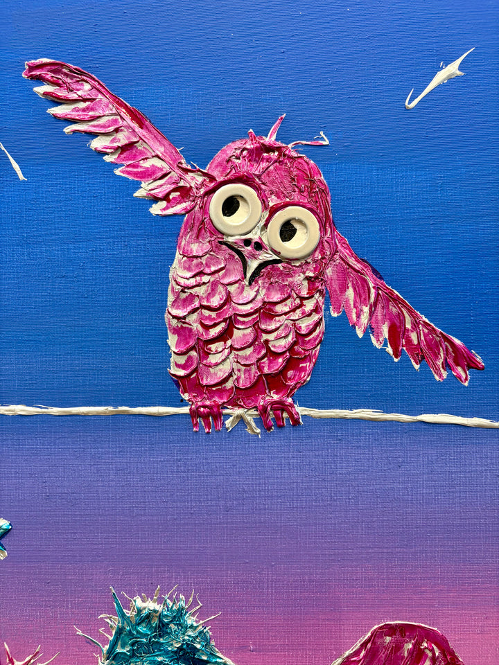 48" x 48" acrylic on canvas painting of pink and blue birds on barbed wire over a yellow-pink-blue gradient background. 