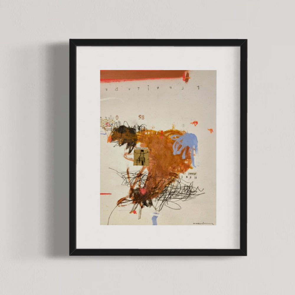 Abstract mixed media artwork on paper by Laurent Dorchin in brown, blue, black and white. Organic linework and minimal illustrations with collage and text elements.